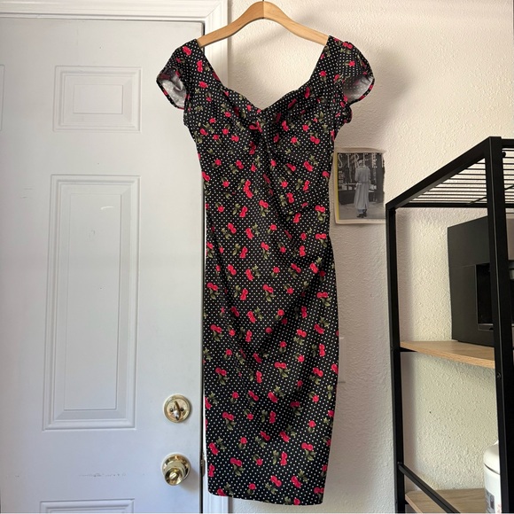 Stop Staring Dresses & Skirts - STOP STARING! black white red cherry polka dot fruit mod pinup sheath midi dress